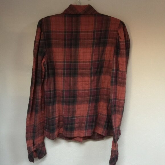 Peruvian Connection Womens Long Sleeve Plaid Top Sz 2 Button Ruffle Bow Neck Red - Picture 2 of 10